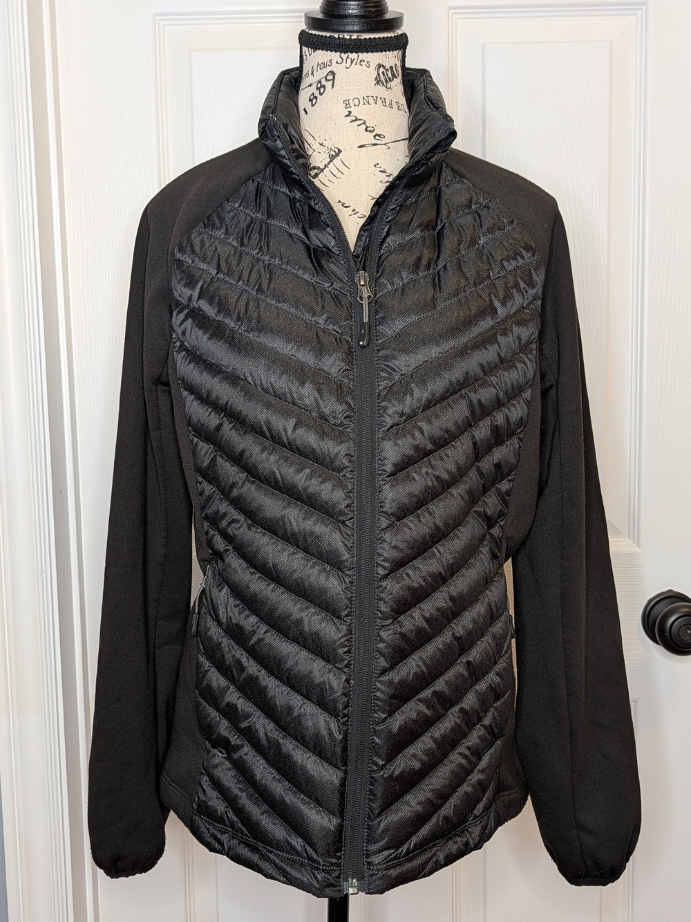 32 Degrees Mixed Media Quilted Down Puffer Jacket Black Cozy Size M